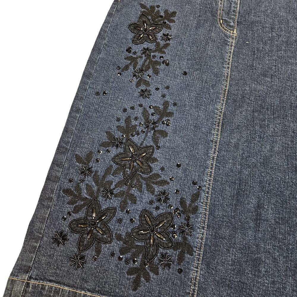 Y2k Euro Denim Skirt Knee Length Embroidered Sequin Fairycore Boho - Size 10 - Picture 2 of 6
